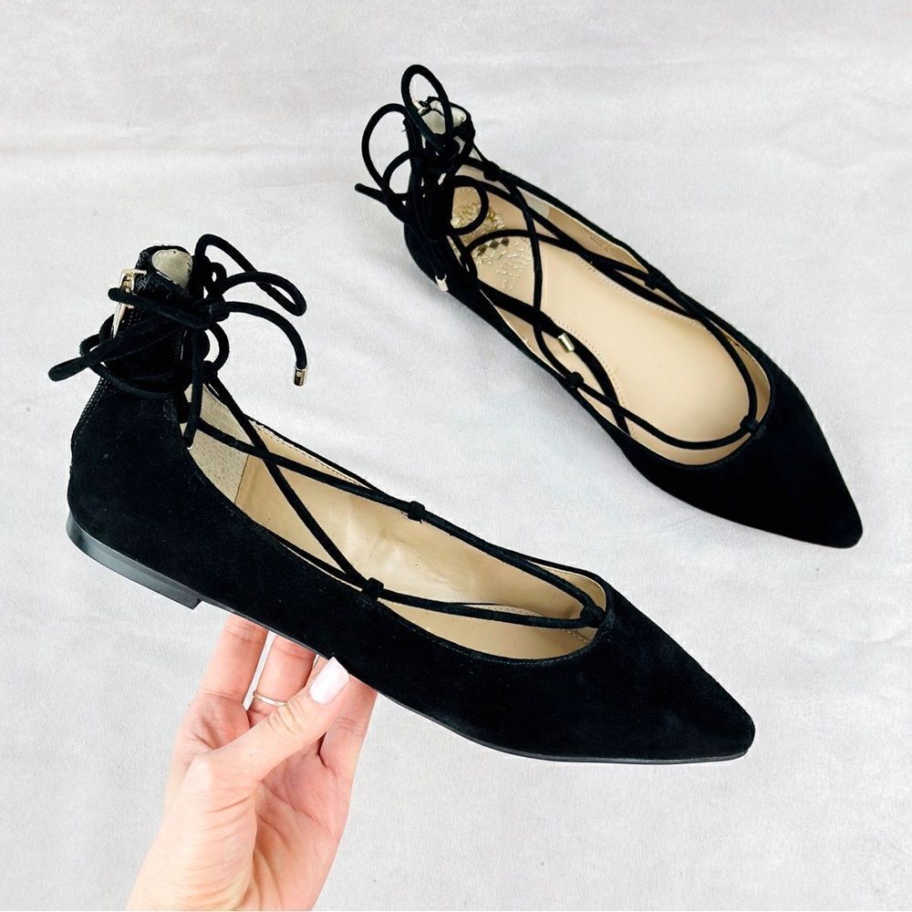 NWOT Vince Camuto VP-Jerremi ankle wrap pointed suede flats tan nude size 7.5